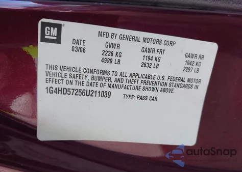 2006 Buick Lucerne Cxl z USA, uszkodzony, nr VIN 1G4HD57256U211039